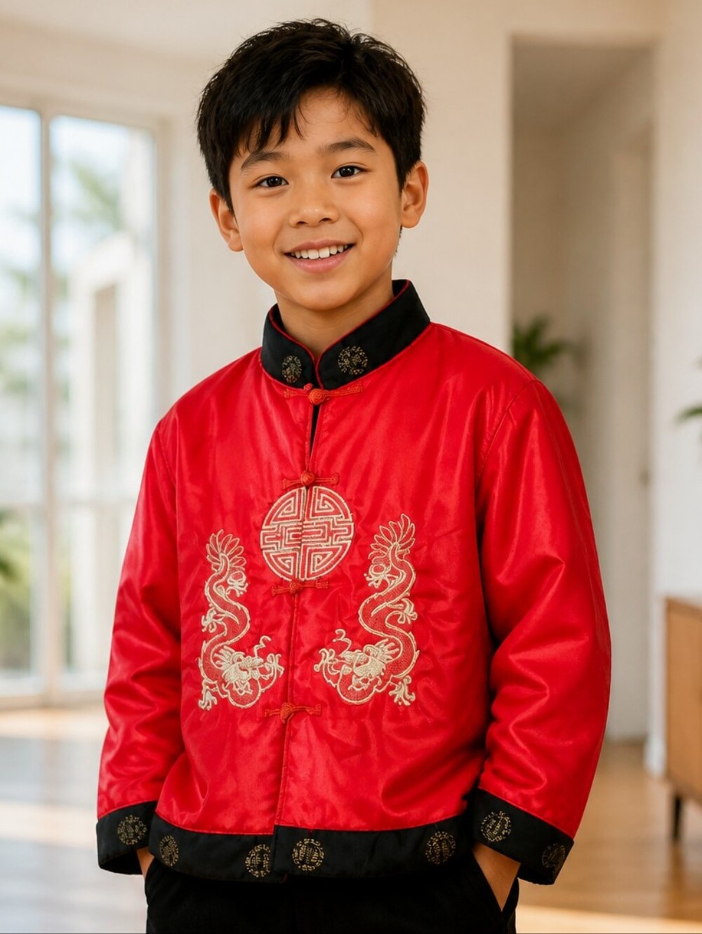 Vintage Chinese Dragon Jacket Kids Red Satin Embroidered Puffer Asian Kids 8/10